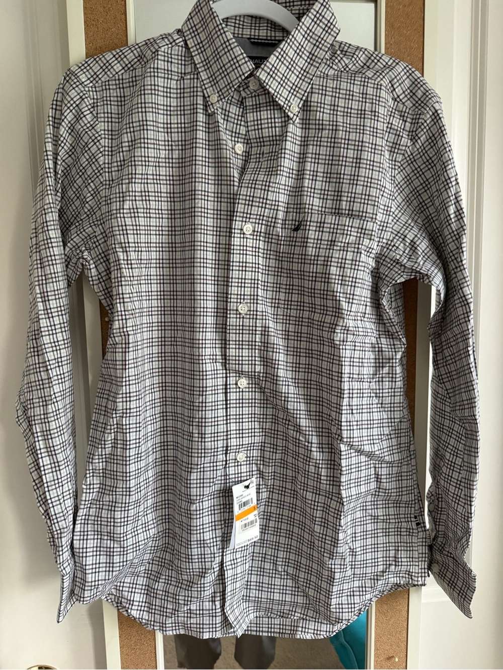 Nautica Men's Long-Sleeve Button-Down Shirt - White with Black Grid